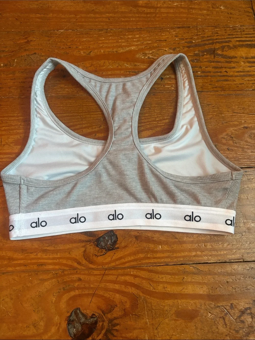 ALO Yoga Light Gray Ribbed Racerback Sports Bralette with Logo Band